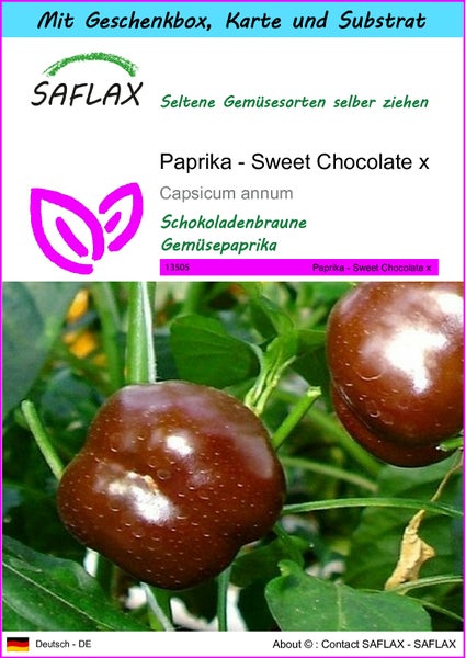 SAFLAX Geschenk Set - Paprika - Sweet Chocolate x - Capsicum annum - 10 Samen - Mit Geschenkbox, Versandaufkleber, Geschenkkarte und Anzuchtsubstrat