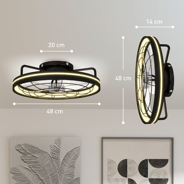 Schwarzer Deckenventilator mit LED-Lichtring und Gitter, Durchmesser 48 Zentimeter, Tiefe 14 Zentimeter, Sockeldurchmesser 20 Zentimeter.