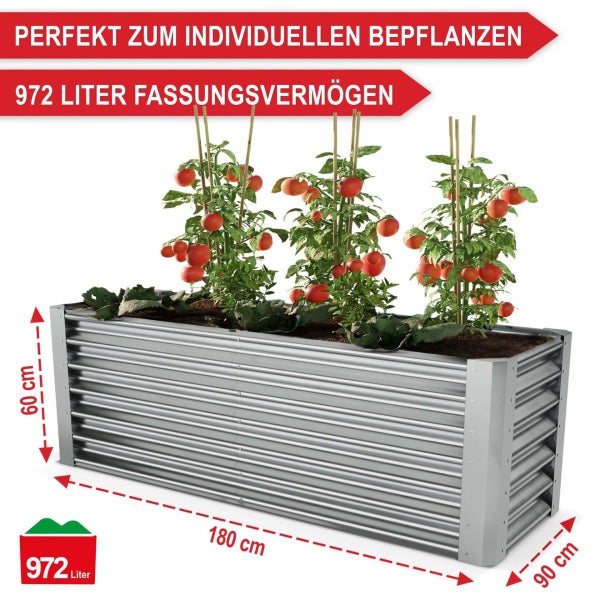 Hochbeet aus Metall mit Wellenprofil, Maße 180 mal 90 mal 60 Zentimeter, Fassungsvermögen 972 Liter, bepflanzt mit Tomaten.