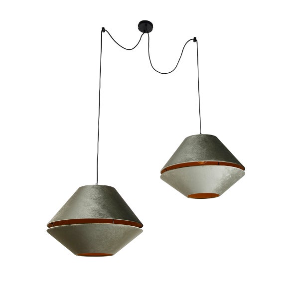 Zweiflammige Pendelleuchte mit grauen Samt Lampenschirmen, Innenseite kupferfarben, biconisches Design und schwarze Kabelaufhängung.