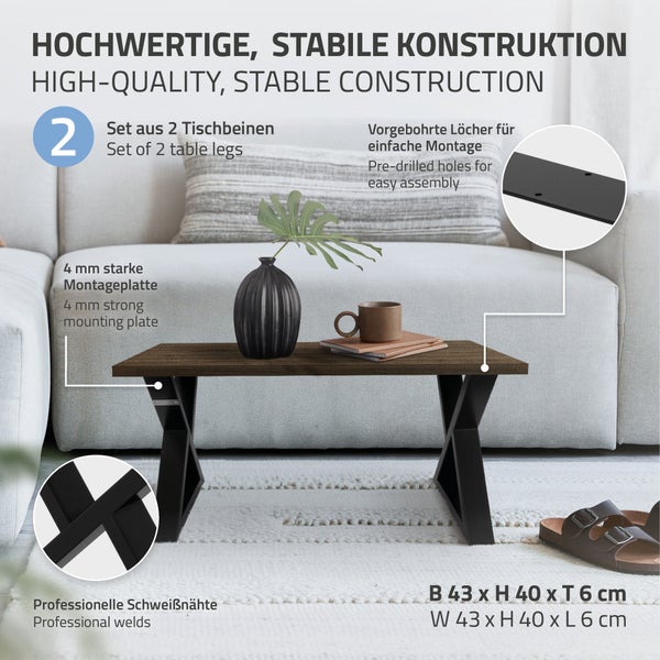 ML-Design 2 Stück Tischbeine 43xH40cm, Tischkufen X-Form, aus Stahl pulverbeschichtet, Schwarz, Industriell, Kufengestell Tischgestell Metall Möbelfüße für DIY-Projekte Bankkufen Bankgestell Bankbeine