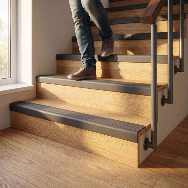 Person geht eine Holztreppe mit montierten rutschfesten Treppenkantenprofilen hinunter in einem hellen Innenraum.