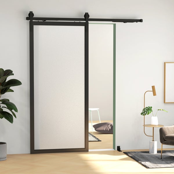 HOMCOM Schiebetüren-Beschlagsatz 183 cm Komplett-Set mit Schienen, Rollen, Anti-Sprung-Vorrichtungen, Türstopper, Bodenführung, Schiebetürsystem aus Kohlenstoffstahl Schwarz