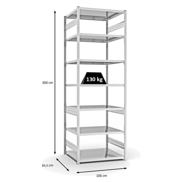 PROREGAL Fachbodenregal Stecksystem T-Profil Light-Duty Grundregal HxBxT 300 x 100 x 80 cm 7 Ebenen Fachlast 130 kg Beidseitig Nutzbar Lichtgrau