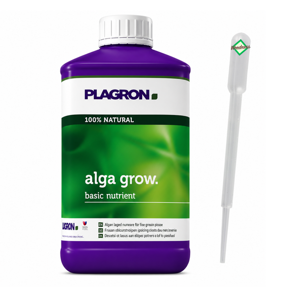 Plagron Alga Grow Basisnährstoff Pflanzendünger in einer Flasche mit Dosierpipette für gesundes Pflanzenwachstum.
