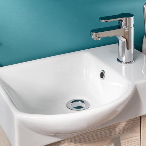 Fackelmann B.CLEVER Gäste-WC Set 2 Teile – Waschtischunterschrank in Holz Braun mit Waschbecken aus Keramik – SBC Waschbeckenunterschrank schmal – Türanschlag links – Hahnloch rechts – 45 cm breit