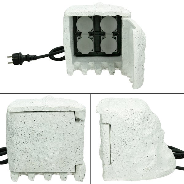 ECD Germany Steinsteckdose Steckdose 4-fach in Steinoptik - Hellgrau - 220-240 V / 50-60 Hz - IP44 - Wetterfest - mit 1,5m Kabel und Klapptür - Außensteckdose Gartensteckdose Steckdosenverteiler