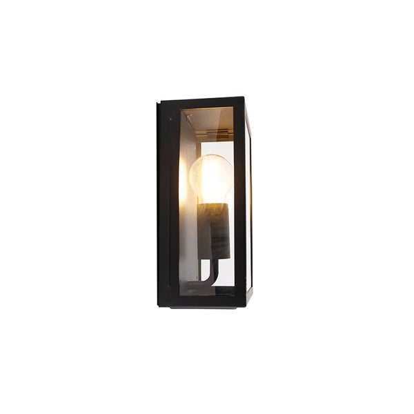 Rechteckige Außenwandleuchte aus schwarzem Metall und Glas mit leuchtendem Leuchtmittel.