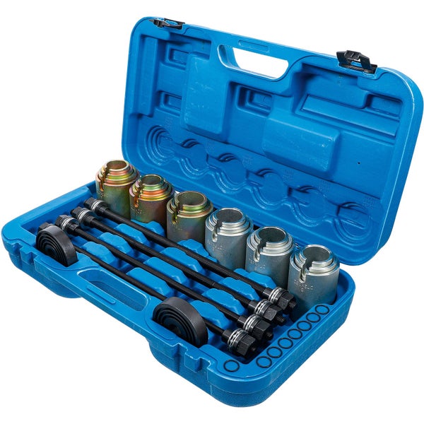 Werkzeugsatz zum Aus- und Einpressen von Lagern in einem blauen Werkzeugkoffer