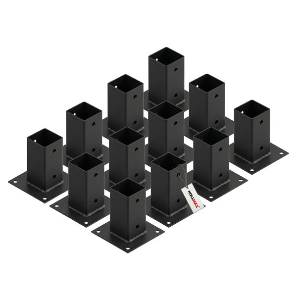 Set aus 12 schwarzen Pfostenträgern aus Metall zum Aufschrauben für quadratische Holzpfosten. HOLLMAX Logo.