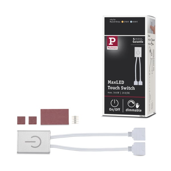 Paulmann MaxLED Touch-Schalter für LED-Streifen, maximal 144 Watt, 24 Volt, dimmbar, mit Ein- und Ausschaltfunktion, Klebepads und Produktverpackung.