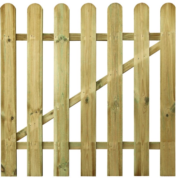Gartentor aus Holz mit oben abgerundeten Zaunlatten und Verstrebung, druckimprägniert.