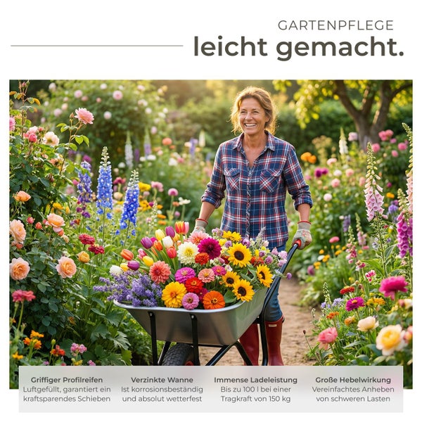 Frau schiebt Schubkarre voller Blumen im Garten