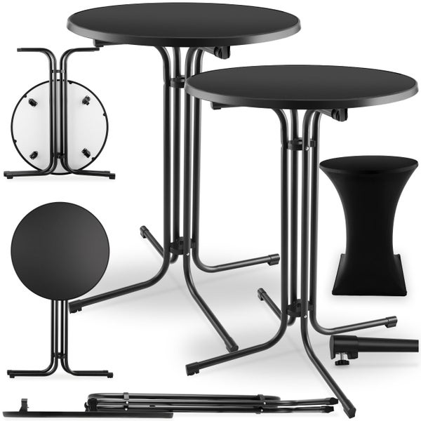 Zwei schwarze Stehtische, ein Tischbezug und verschiedene Ansichten des Tisches im zusammengeklappten Zustand.