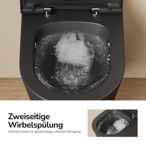 Schwarzes Wand-WC mit zweiseitiger Wirbelspülung und mehreren Düsen für eine gleichmäßige Reinigung.