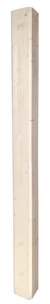 Unbehandelter quadratischer Holzpfosten mit gefasten Kanten und sichtbarer Holzmaserung.