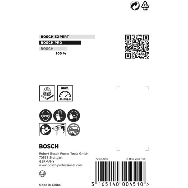 Bosch Experte, Bosch Pro und Bosch Logos sowie Informationen zu Papierverwertung, QR Code, maximaler Drehzahl von 4500 Umdrehungen pro Minute und empfohlener Schutzausrüstung