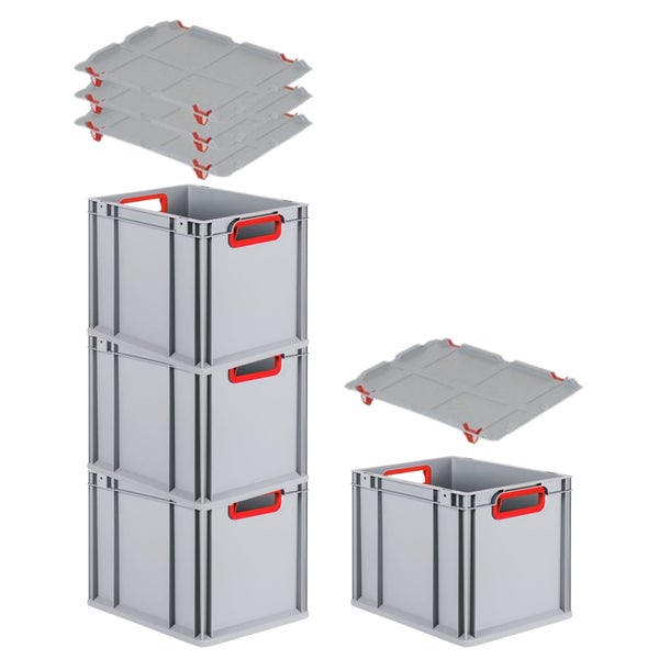 PROREGAL Spar Set 4x Eurobox Nextgen Color Mit Auflagedeckel & Schiebeschnappverschlüsse HxBxT 32 x 30 x 40 cm Griffe Rot Offen Glatter Boden