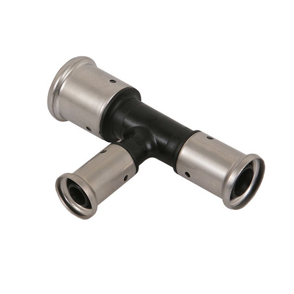 T-Stück Pressfitting aus Kunststoff und Edelstahl für Verbundrohre.