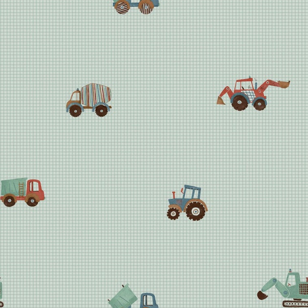 Kindertapete mit illustrierten Fahrzeugen wie Traktoren, Baggern und Lastwagen auf kleinkariertem Hintergrund.