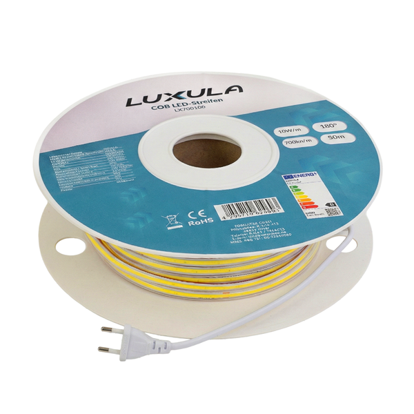 LUXULA COB LED-Streifen auf Rolle, 50 Meter, mit Netzstecker, 10 Watt pro Meter, Abstrahlwinkel 180 Grad.