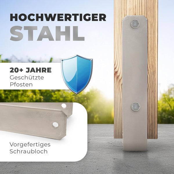 Pfostenträger aus hochwertigem Stahl an einem Holzpfosten mit vorgefertigtem Schraubloch für mehr als zwanzig Jahre Pfostenschutz.