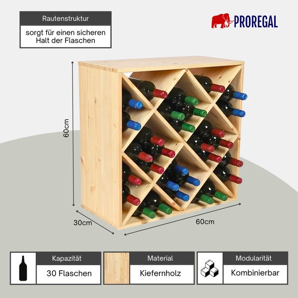 Weinregal aus Kiefernholz mit Rautenstruktur für 30 Flaschen, 60 mal 60 mal 30 Zentimeter, kombinierbar. Proregal Logo.