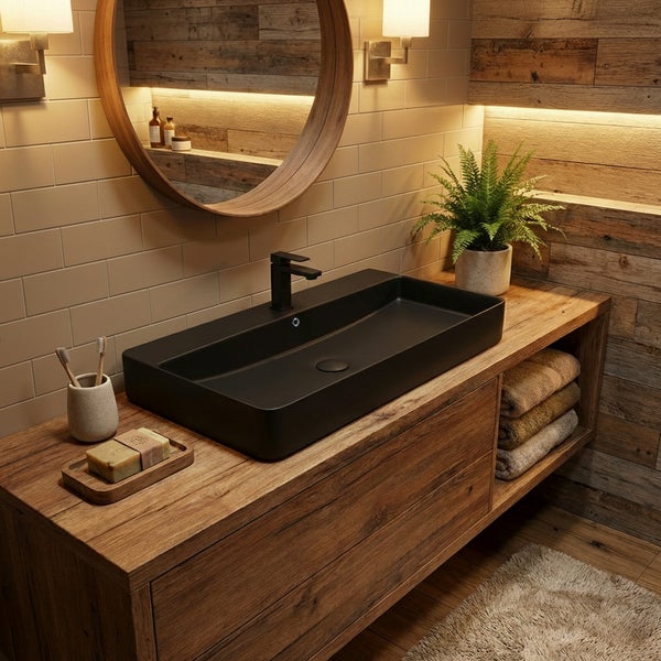 Modernes Badezimmer mit Waschtischunterschrank aus Holz, schwarzem Aufsatzwaschbecken und Armatur vor einer Fliesenwand mit Spiegel und Beleuchtung.