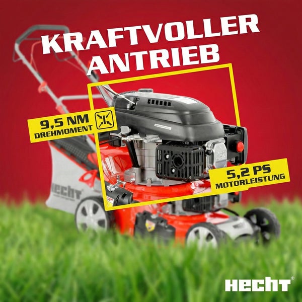 Detailaufnahme eines Rasenmähers mit dem Hinweis: kraftvoller Antrieb, 9,5 Newtonmeter Drehmoment und 5,2 PS Motorleistung
