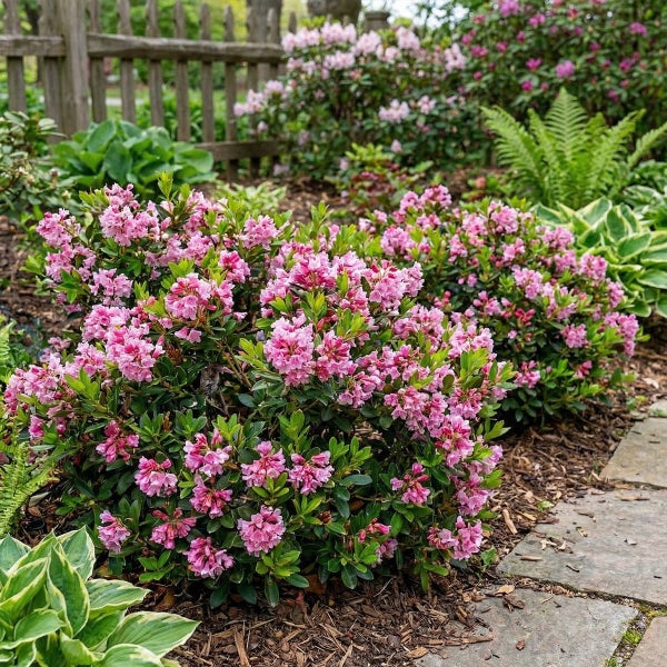 Blühende rosa Zwergrhododendren in einem Gartenbeet mit Rindenmulch neben einem Steinweg und einem Holzzaun.