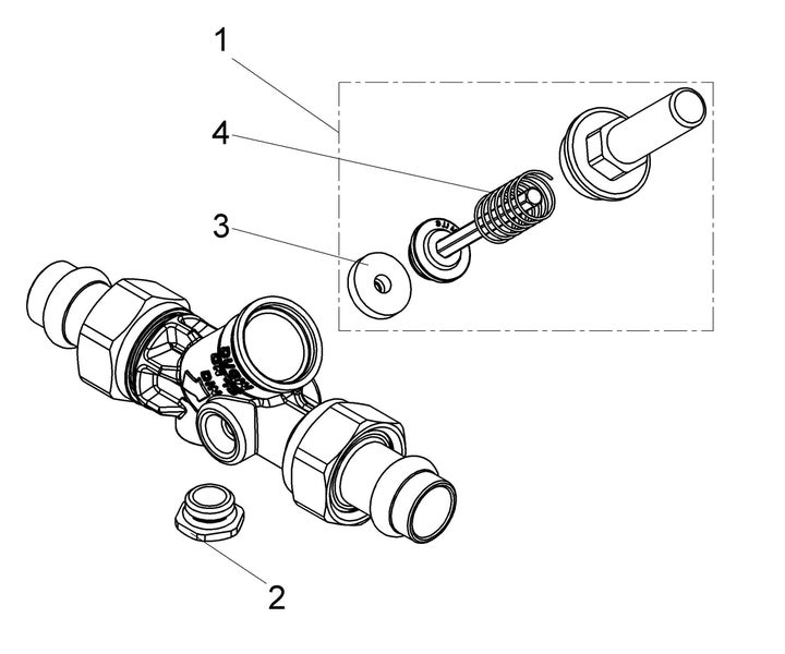 Technische Explosionszeichnung einer Armatur mit nummerierten Einzelteilen wie Feder, Dichtung und Verschlussstopfen.