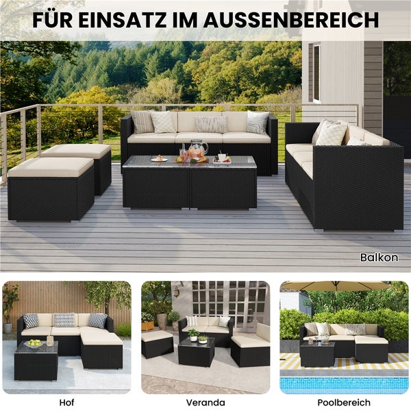 Schwarze Loungemöbel aus Polyrattan für den Außenbereich auf Balkon, Hof, Veranda und Poolbereich