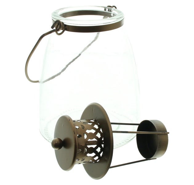 Windlicht aus Glas mit Metallhalterung
