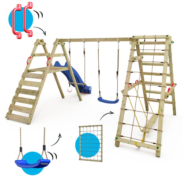 WICKEY Kinderschaukel Schaukelgestell Smart Shake mit Rutsche und Kletteranbau, Schaukel, Schaukelgerüst, Doppelschaukel, Holzschaukel - blau