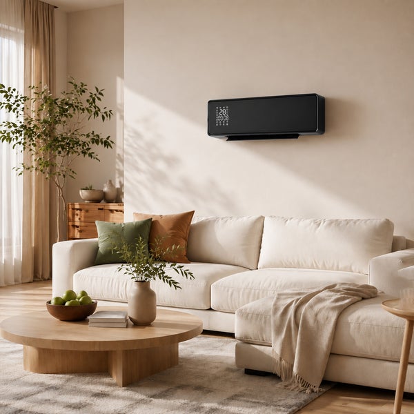 Wandklimagerät in einem modern eingerichteten Wohnzimmer mit Sofa und Couchtisch in natürlichem Ambiente.