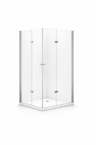 Eckdusche mit transparenten Glaswänden und silberfarbenen Beschlägen