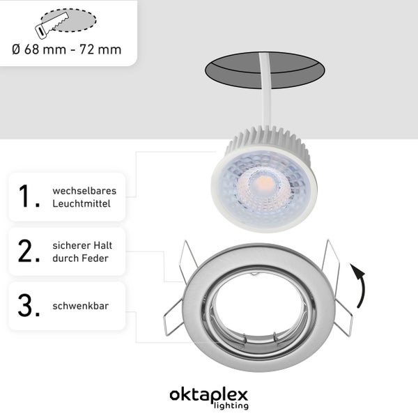 3er Set Einbaustrahler 3 Stufen dimmbar Warmweiß 2700K 4.8W 380lm Schwenkbar Edelstahl gebürstet Lochmaß 68mm