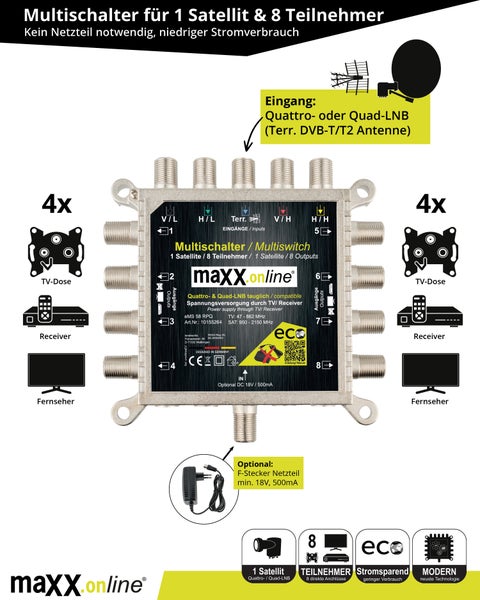 Multischalter 8 Teilnehmer & 1 Satellit, Quad- & Quattro LNB tauglich, kein Netzteil notwendig, DVB-S Multiswitch 5/8 mit eco Sparmodus