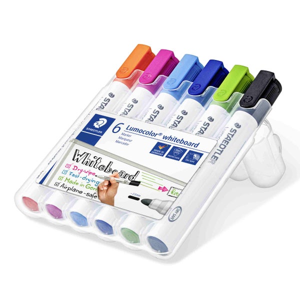 Set mit 6 Staedtler Lumocolor Whiteboard Markern in einer transparenten Kunststoffhülle