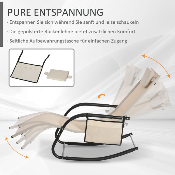 Schaukelnde Gartenliege in Beige mit schwarzem Metallgestell, gepolsterter Kopfstütze und seitlicher Aufbewahrungstasche.