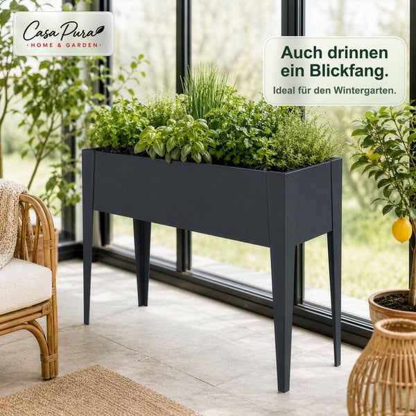 Anthrazitfarbenes Hochbeet auf Beinen, bepflanzt mit frischen Kräutern, aufgestellt in einem hellen Wintergarten.