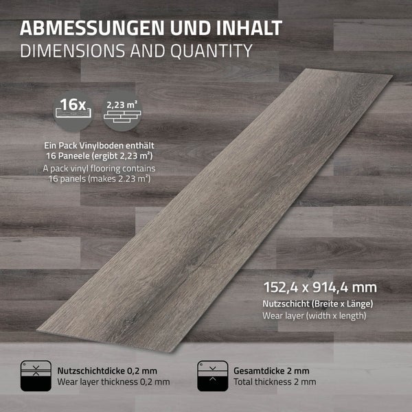 Infografik zu Abmessungen und Packungsinhalt von Vinylboden mit 16 Paneelen, 2,23 Quadratmeter Inhalt, 152,4 mal 914,4 Millimeter Paneelmaß.