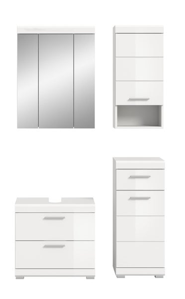 Badezimmermöbel-Set in Weiß mit dreitürigem Spiegelschrank, Wandschrank, Waschbeckenunterschrank und Midischrank.