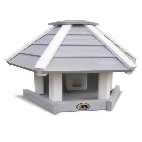 Vogelhaus aus Holz mit sechseckigem Dach und Habau Logo