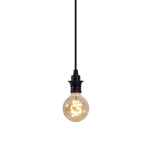 Pendelleuchte mit runder LED-Filament-Glühbirne, schwarzer Fassung und schwarzem Kabel.