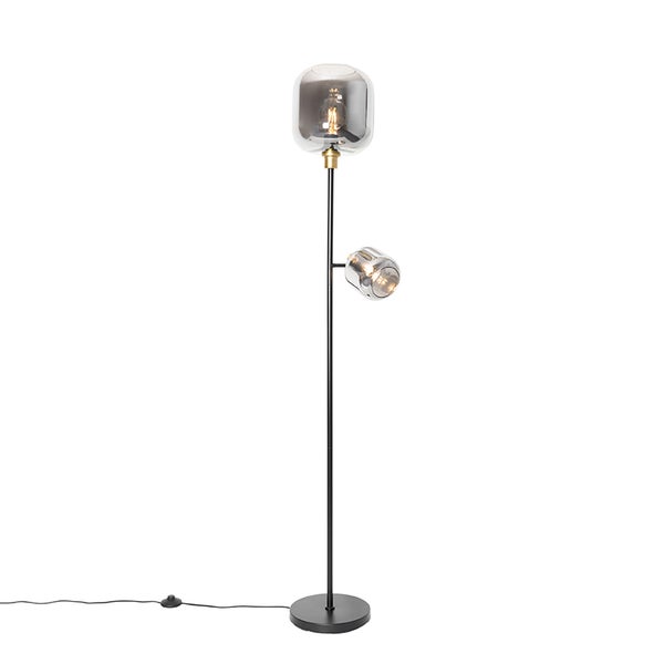 QAZQA - Modern Stehlampe schwarz mit Gold I Messing mit Rauchglas 2 Lichter - Zuzanna I Wohnzimmer I Schlafzimmer - Länglich - LED geeignet E14
