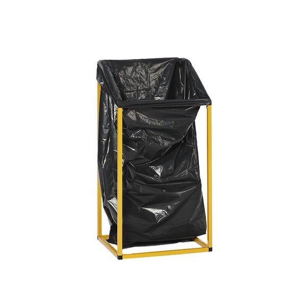 Gelber Müllsackständer aus Metall mit einem schwarzen Müllsack.