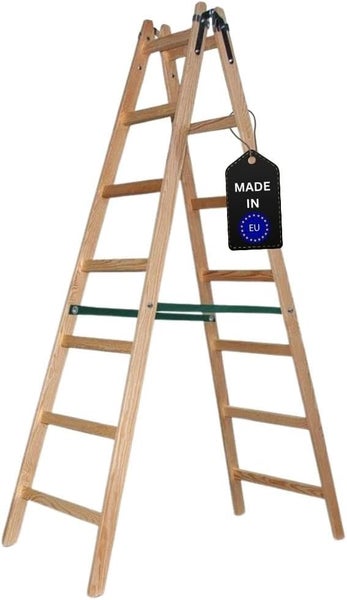 PROREGAL Sprossen-Stehleiter Aus Holz Economy Plus Beidseitig Begehbar 2 x 7 Sprossen Arbeitshöhe 3,60 m Traglast 150 kg