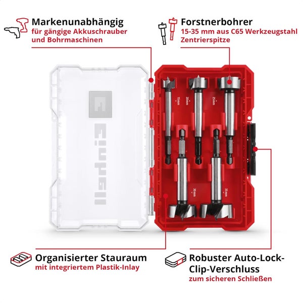 Original Einhell M-CASE 5-tlg. Forstnerbohrer-Set (aus C65 Stahl, E 6.3 Schaft, Querschneide, Zentrierspitze, konische Kopfform, 4-seitig geschlossene Vorschneide inkl. Aufbewahrungsbox)