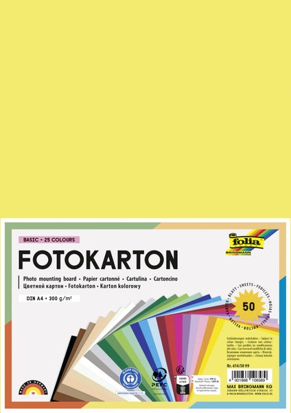 Folia Fotokarton Basic, DIN A4, 300 Gramm pro Quadratmeter, 25 Farben, 50 Blatt. Mit den Siegeln Blauer Engel und PEFC.